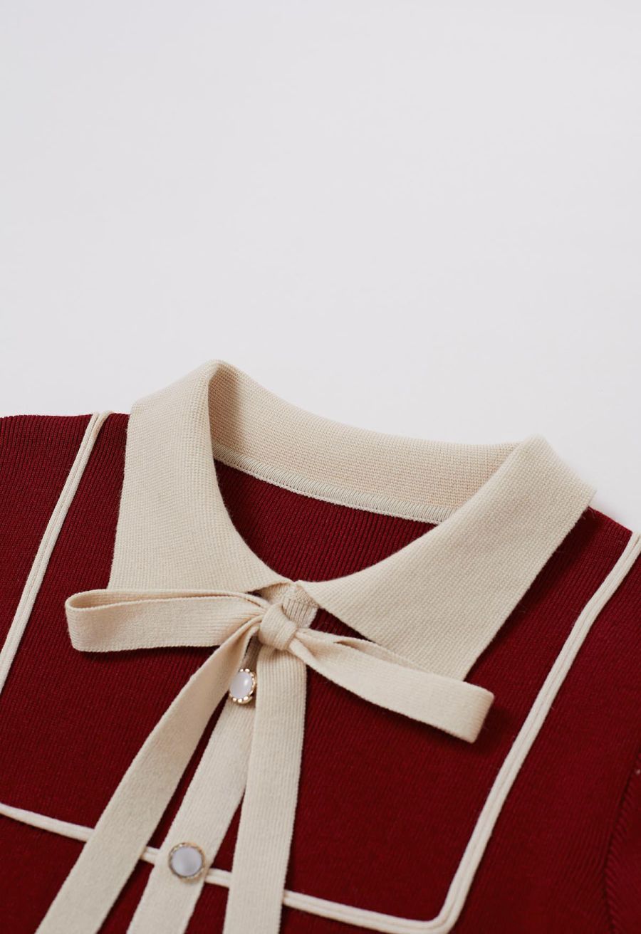Contrast Edge Polo Knit Dress in Red