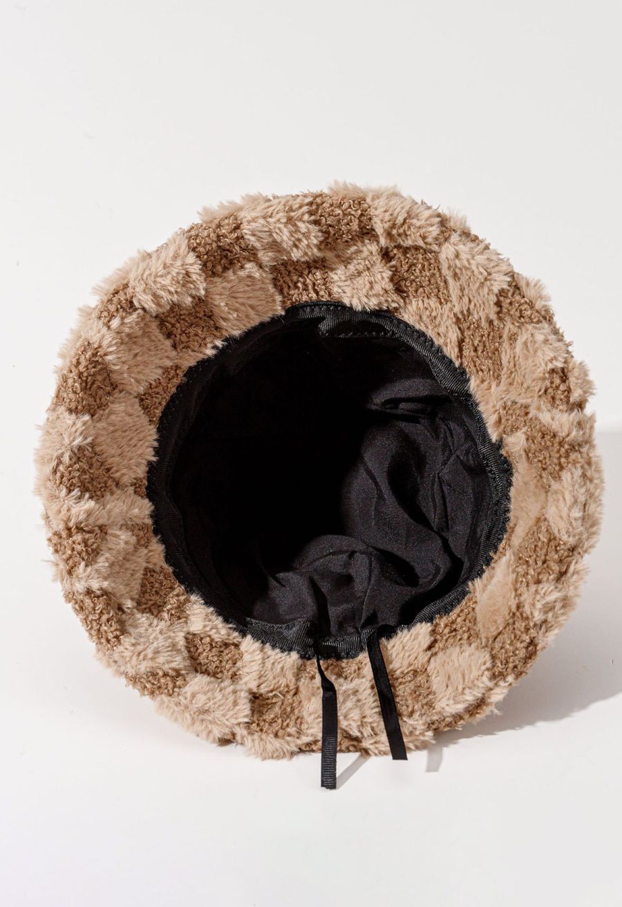 Check Fuzzy Bucket Hat in Khaki