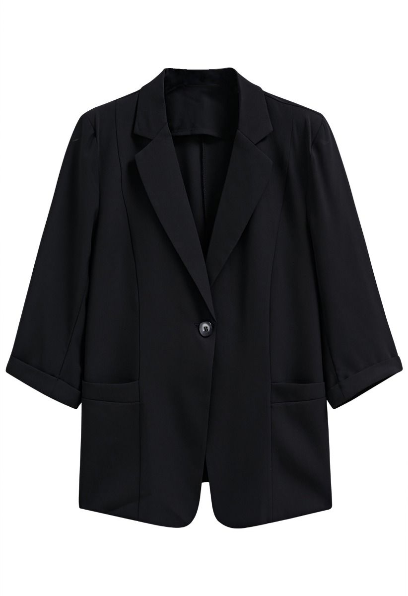One Button Three-Quarter Sleeve Blazer in Black