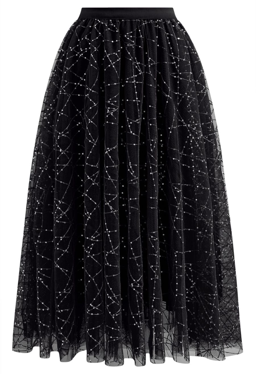 Sequined Embroidery Double-Layered Mesh Tulle Midi Skirt in Black