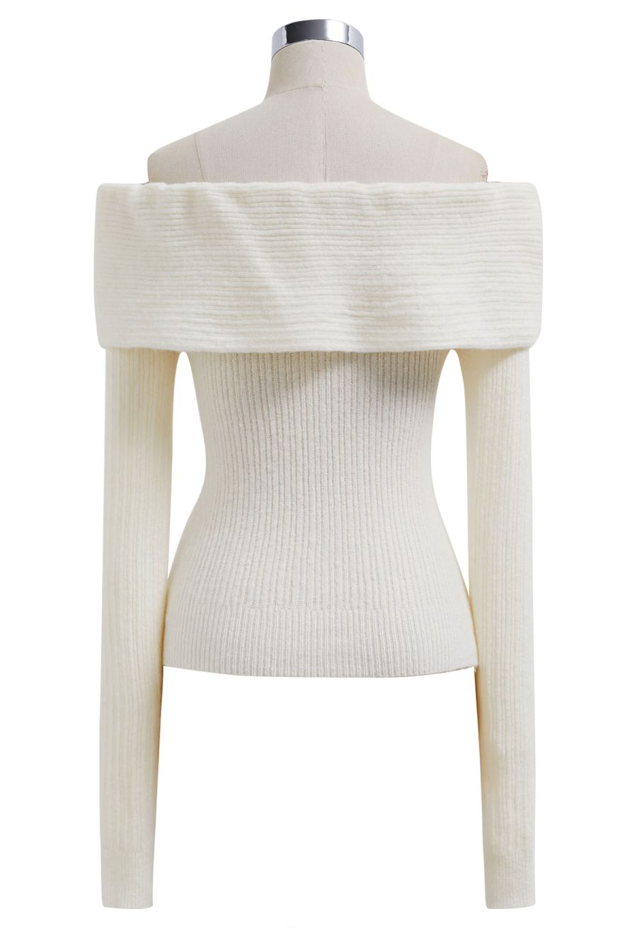 O-Ring Off-Shoulder Fitted Knit Top in Cream