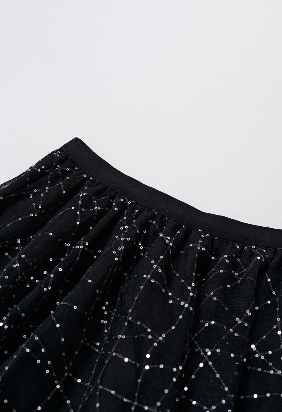 Sequined Embroidery Double-Layered Mesh Tulle Midi Skirt in Black