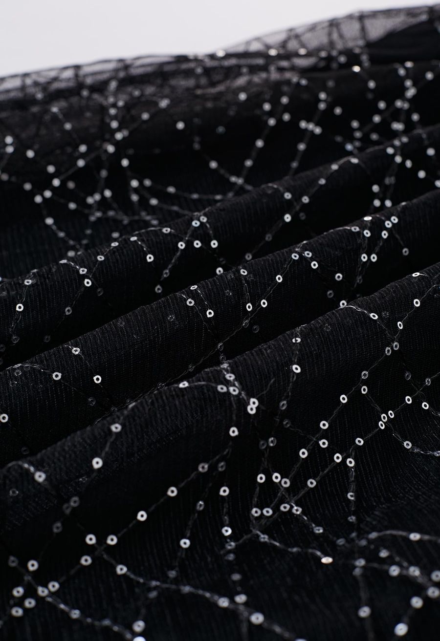Sequined Embroidery Double-Layered Mesh Tulle Midi Skirt in Black
