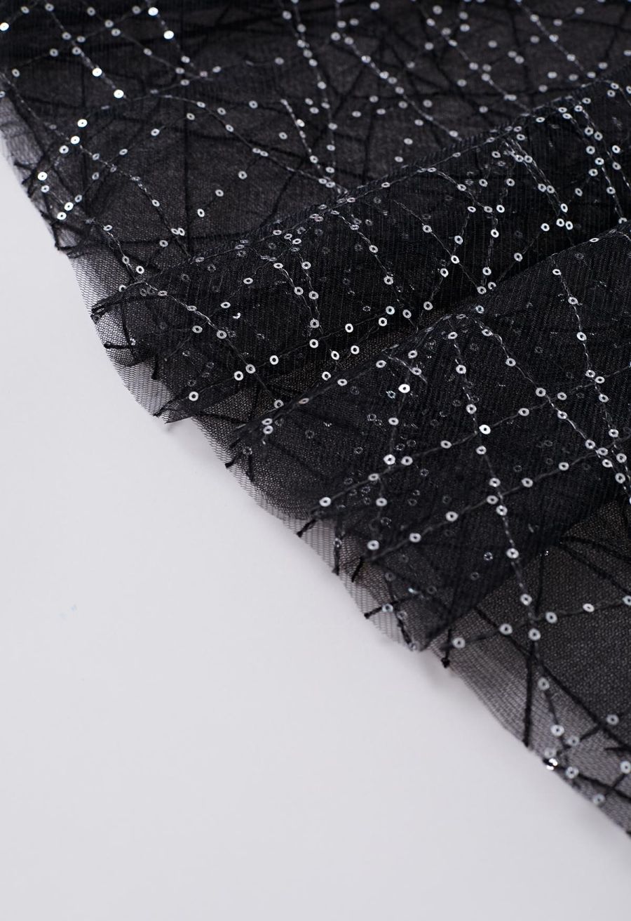 Sequined Embroidery Double-Layered Mesh Tulle Midi Skirt in Black