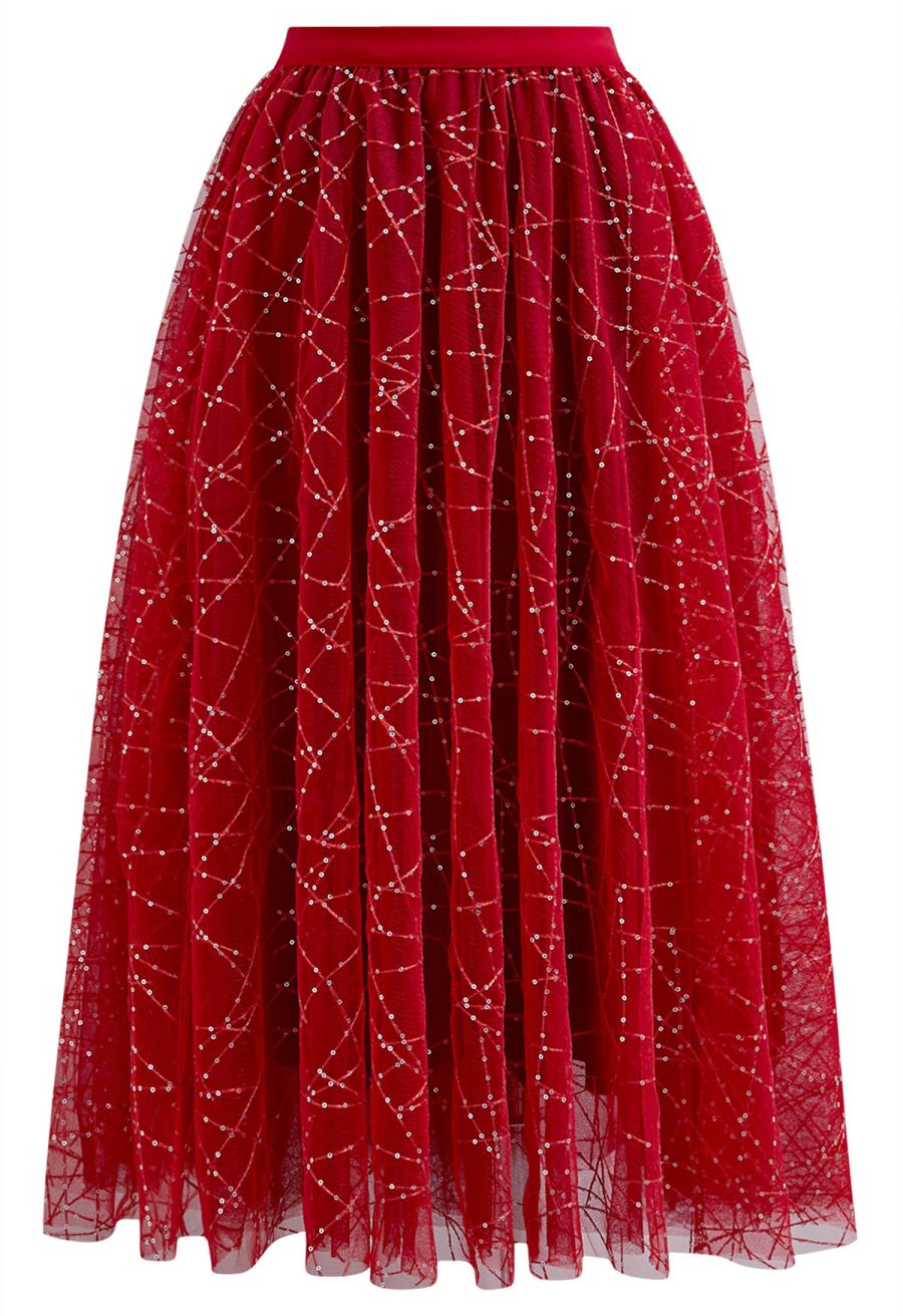 Sequined Embroidery Double-Layered Mesh Tulle Midi Skirt in Red