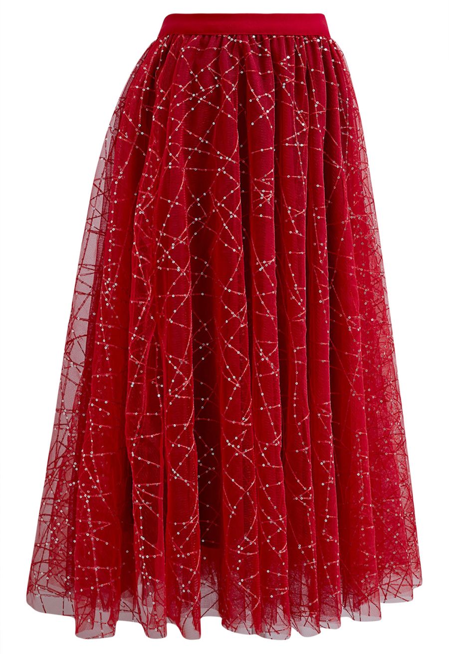 Sequined Embroidery Double-Layered Mesh Tulle Midi Skirt in Red