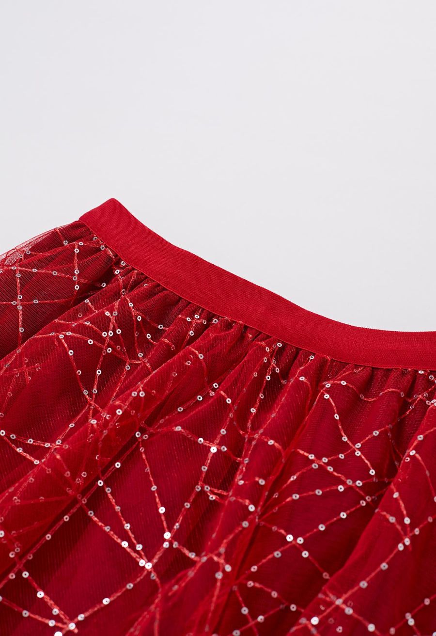 Sequined Embroidery Double-Layered Mesh Tulle Midi Skirt in Red