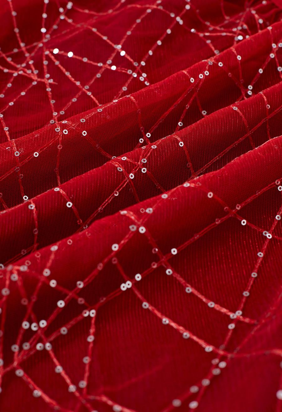 Sequined Embroidery Double-Layered Mesh Tulle Midi Skirt in Red