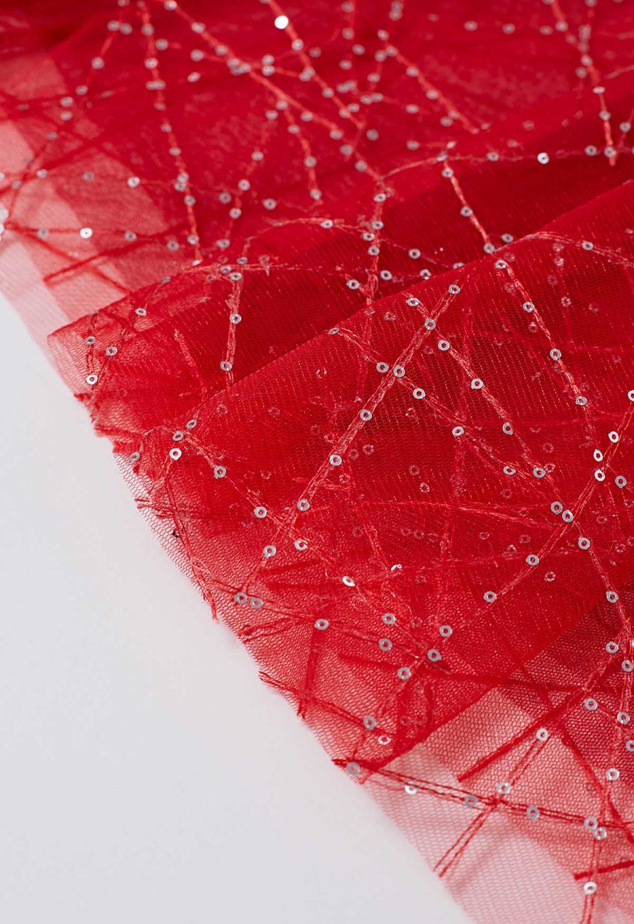 Sequined Embroidery Double-Layered Mesh Tulle Midi Skirt in Red
