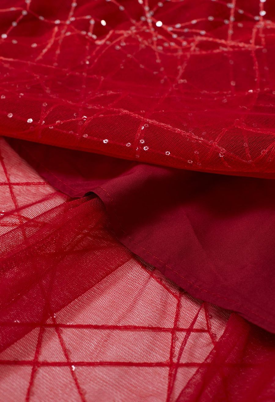Sequined Embroidery Double-Layered Mesh Tulle Midi Skirt in Red