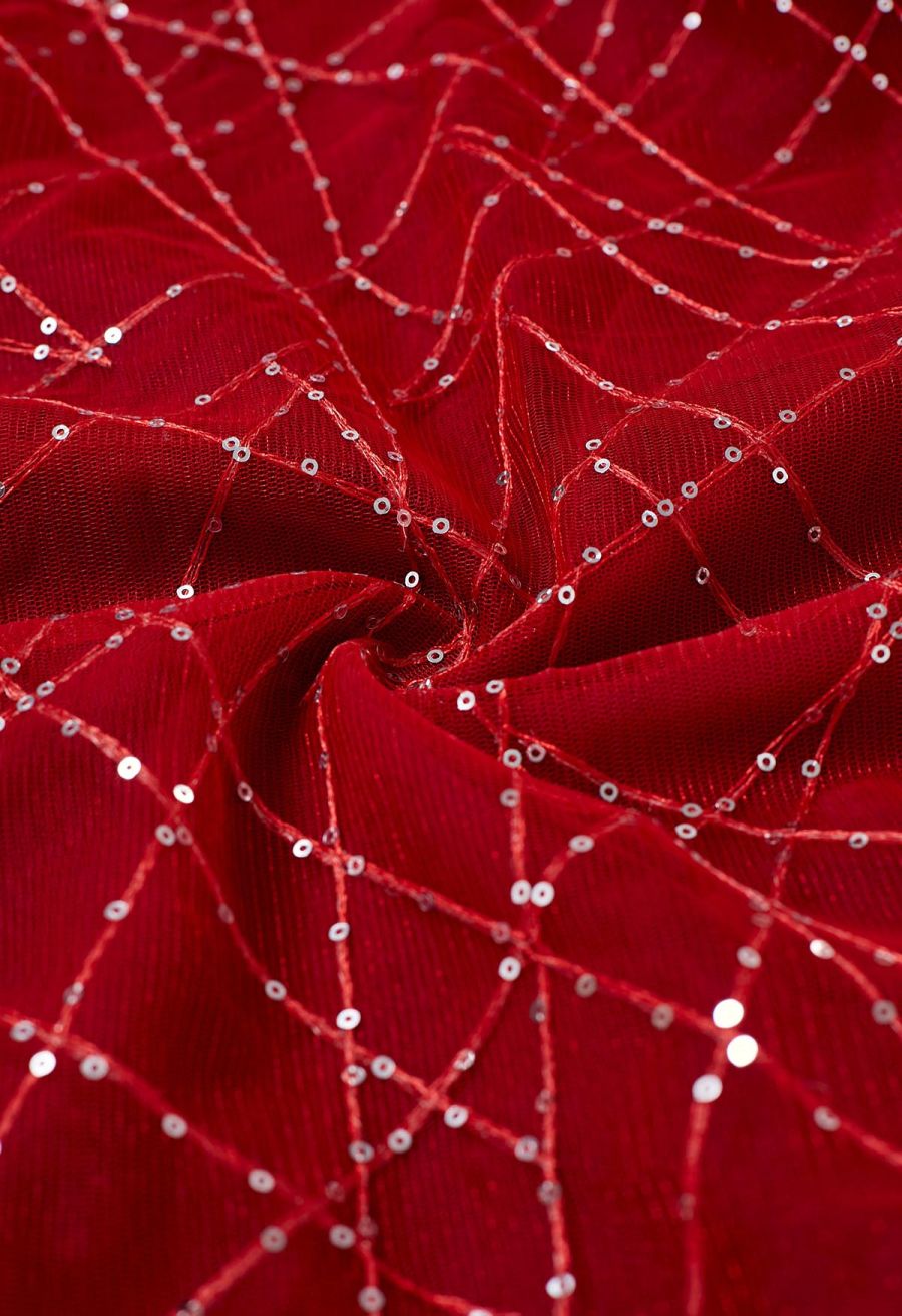 Sequined Embroidery Double-Layered Mesh Tulle Midi Skirt in Red