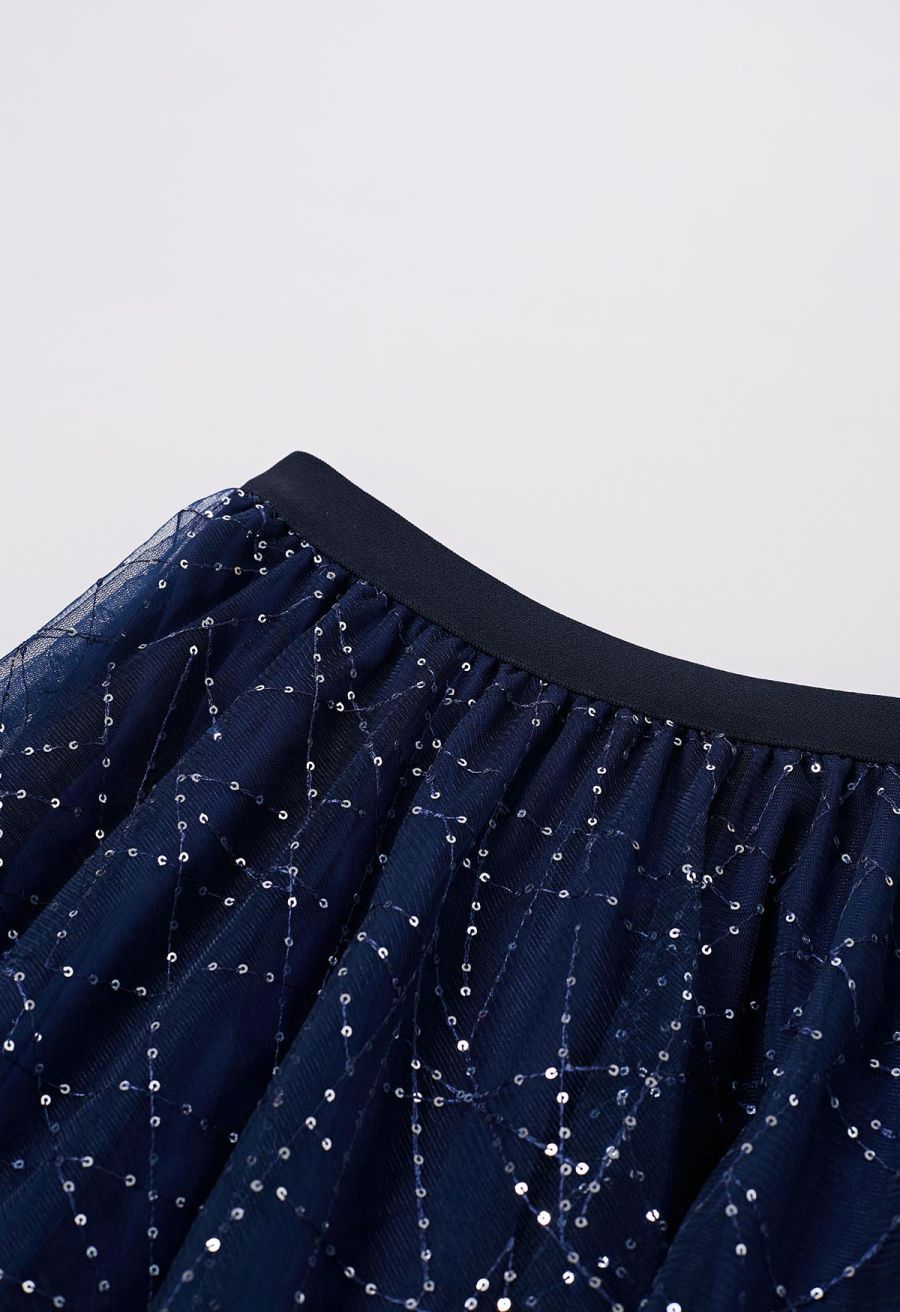 Sequined Embroidery Double-Layered Mesh Tulle Midi Skirt in Navy