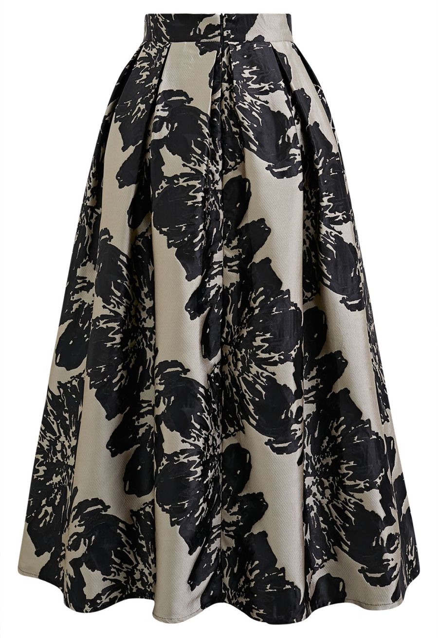 Striking Floral Jacquard Pleated Midi Skirt