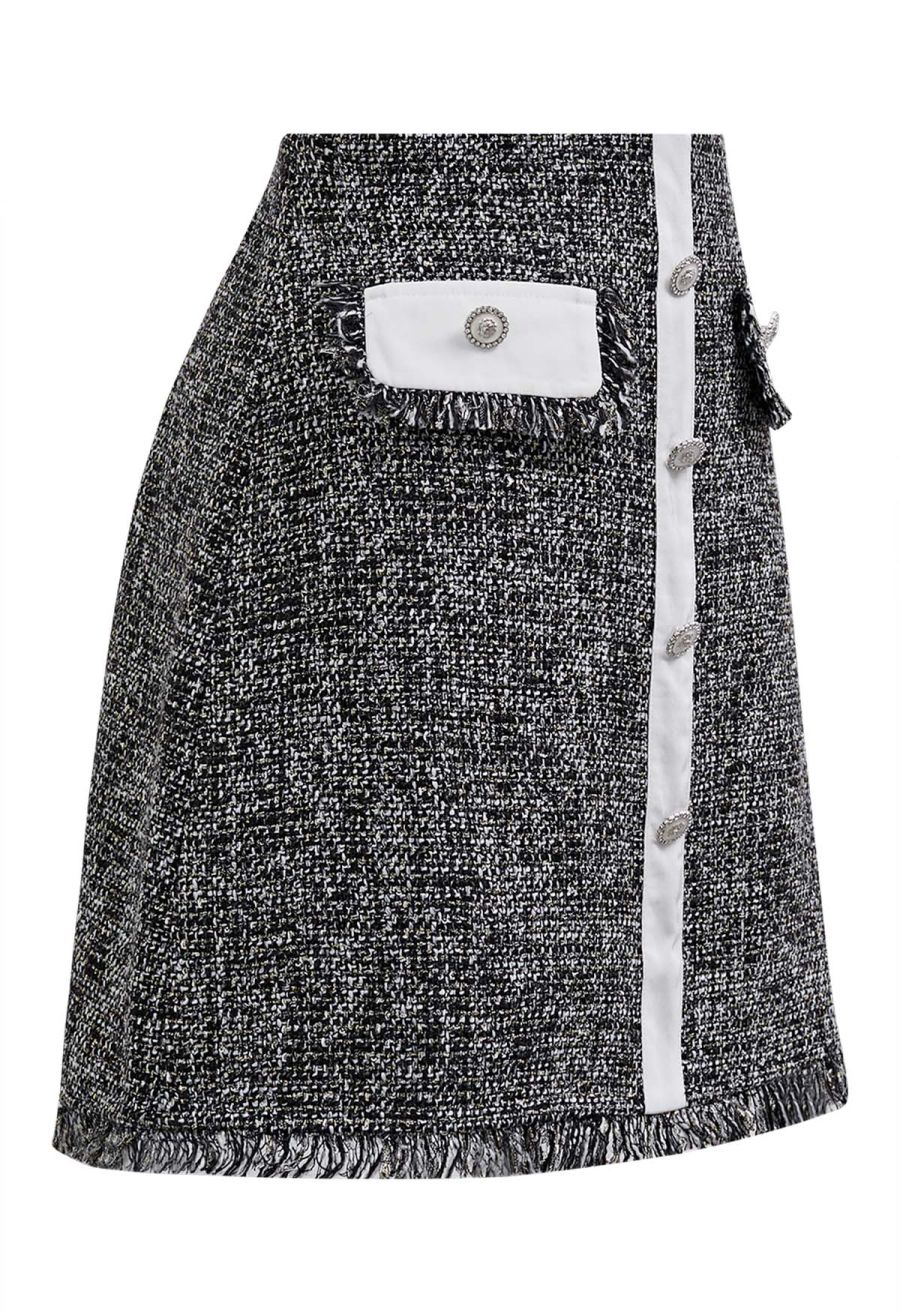 Buttoned Fringe Trimmed Tweed Mini Bud Skirt