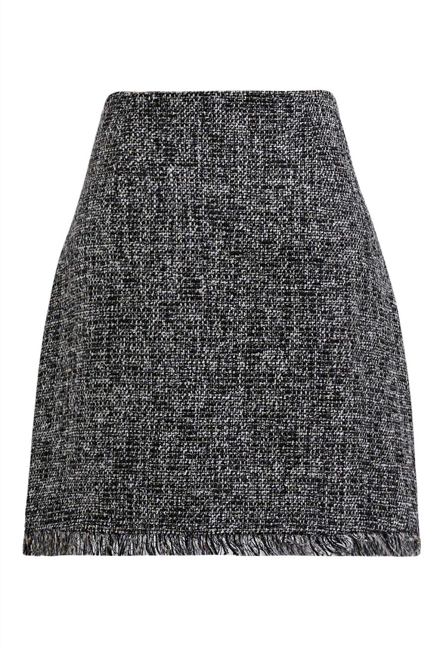 Buttoned Fringe Trimmed Tweed Mini Bud Skirt