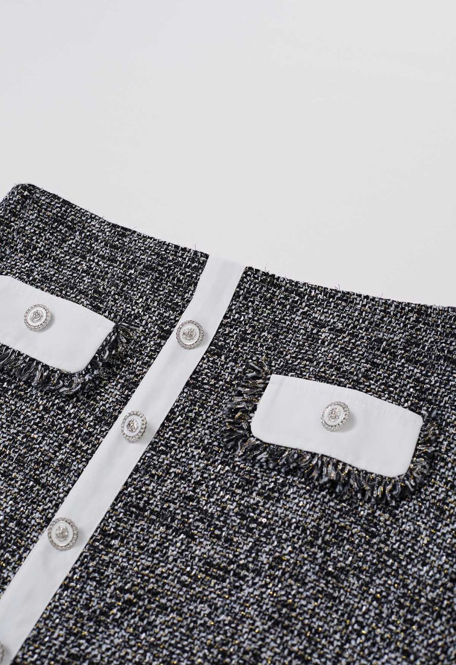 Buttoned Fringe Trimmed Tweed Mini Bud Skirt