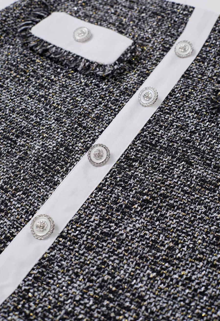 Buttoned Fringe Trimmed Tweed Mini Bud Skirt
