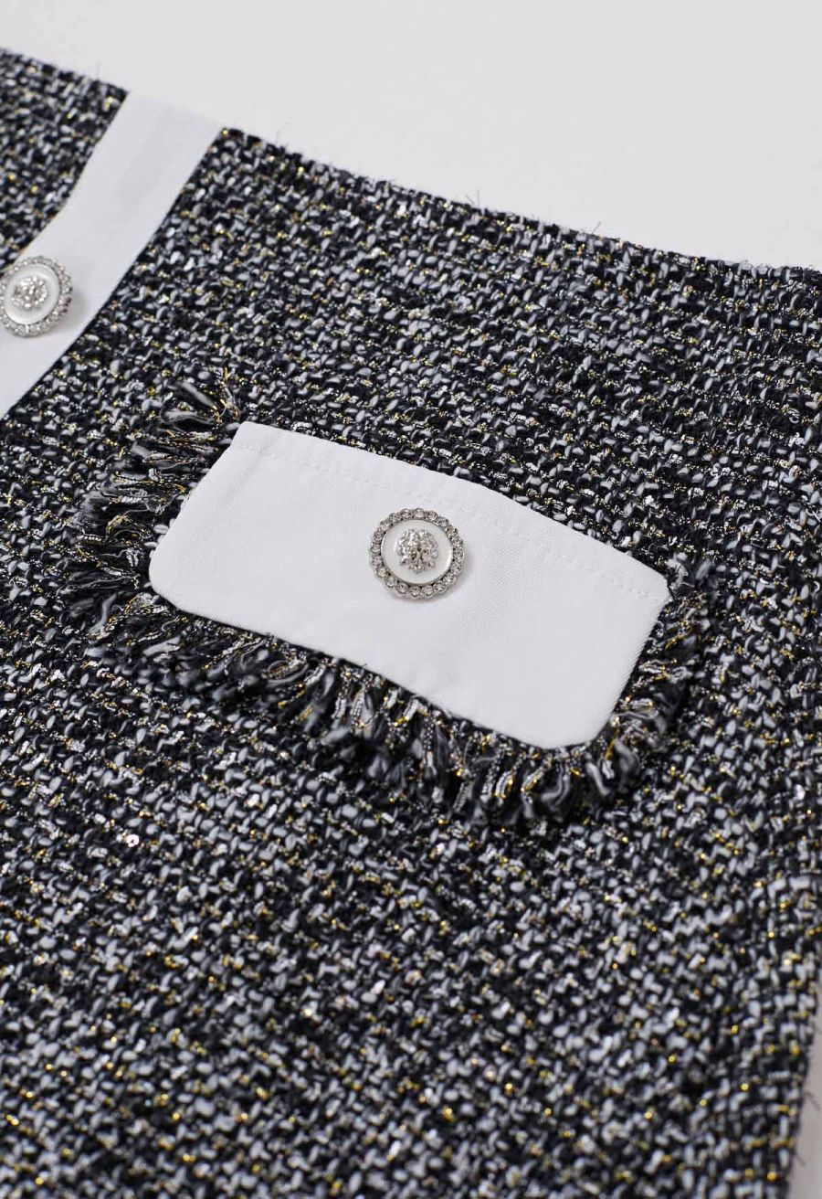 Buttoned Fringe Trimmed Tweed Mini Bud Skirt