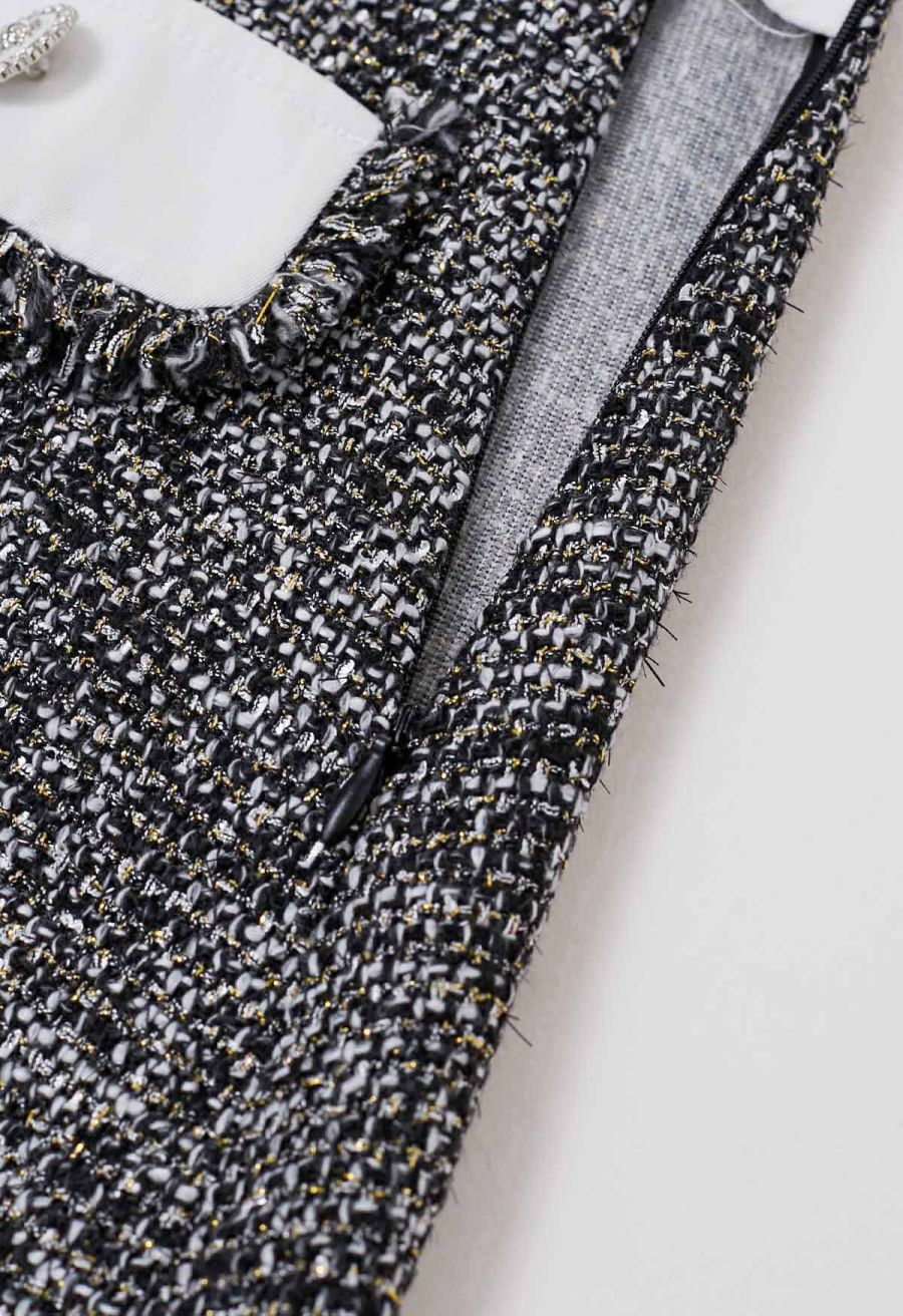 Buttoned Fringe Trimmed Tweed Mini Bud Skirt