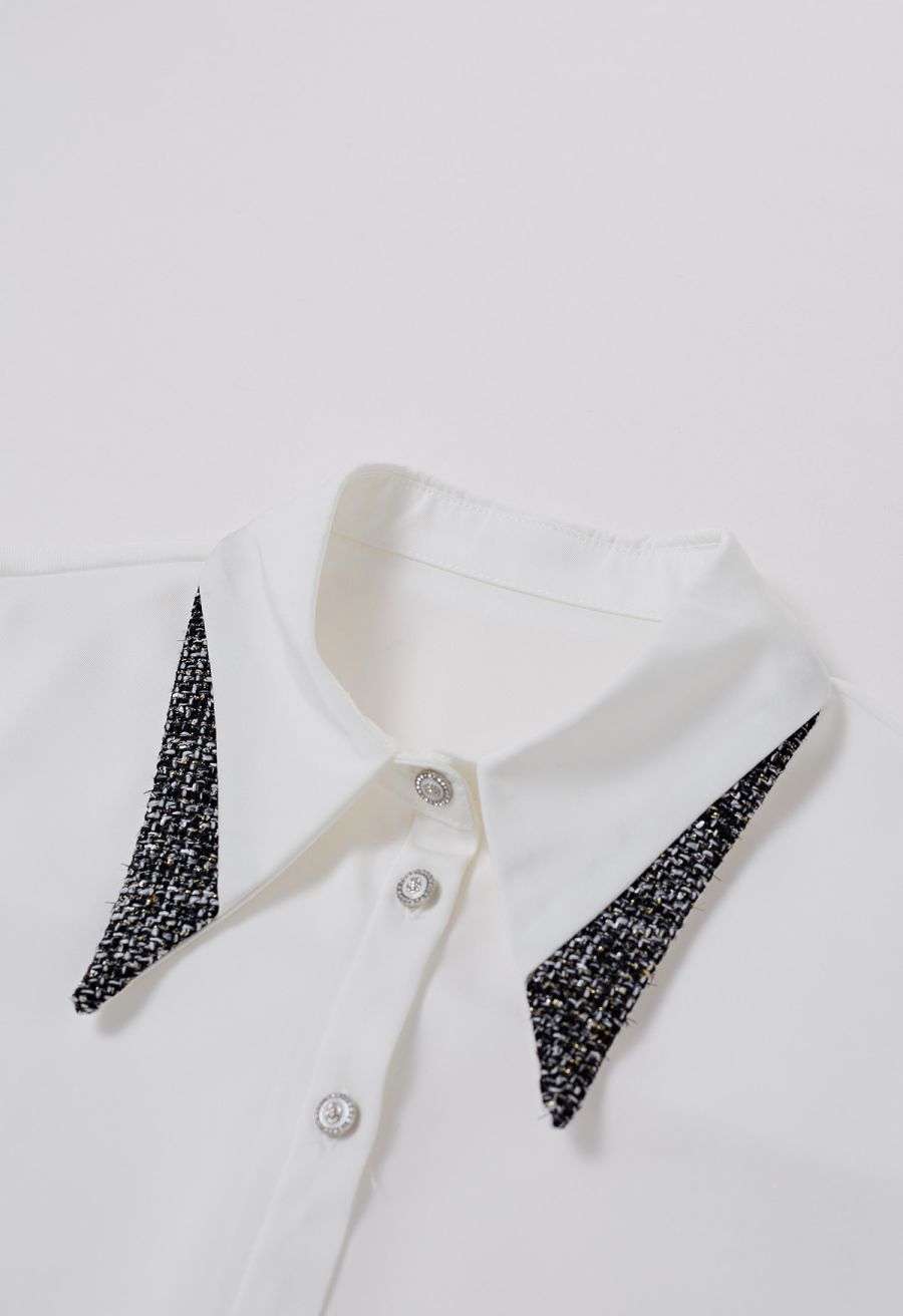 Tweed Spliced Fringed Cuff Buttoned Shirt