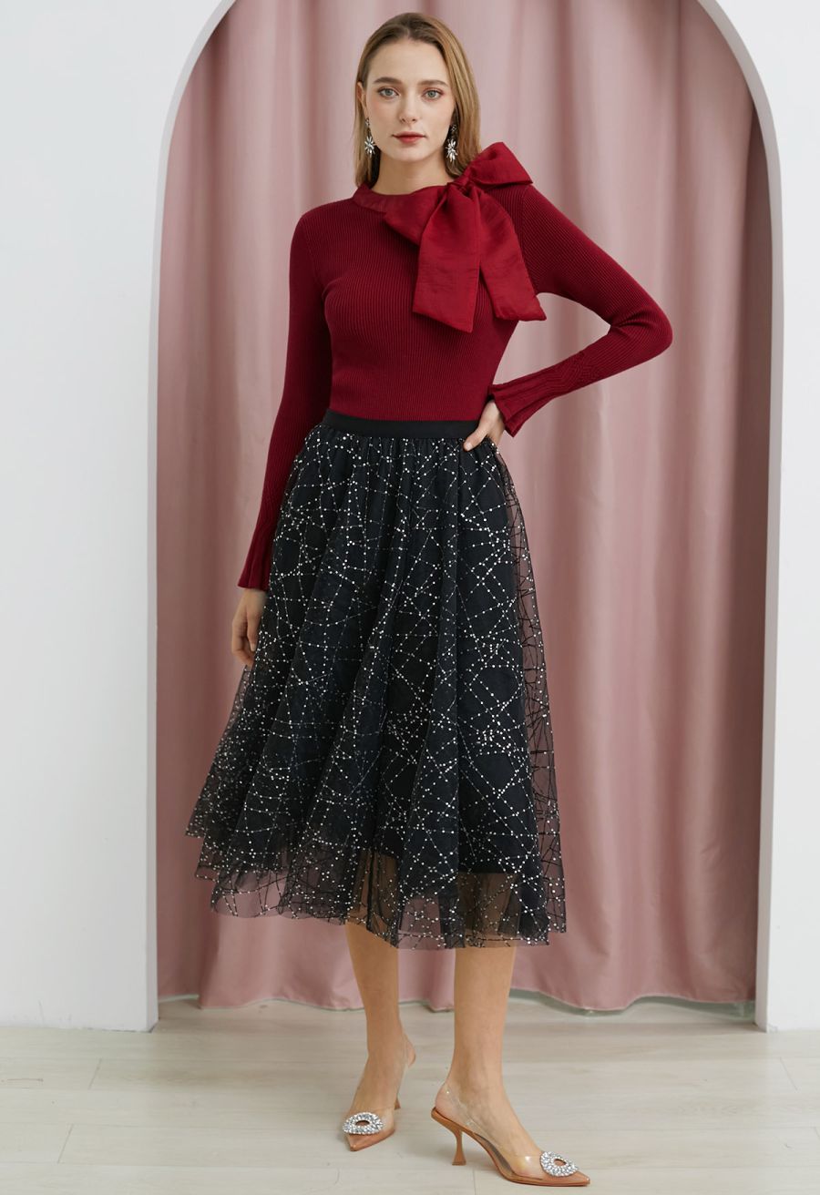 Sequined Embroidery Double-Layered Mesh Tulle Midi Skirt in Black