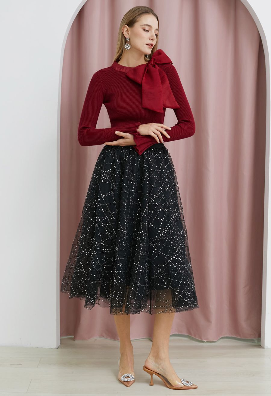 Sequined Embroidery Double-Layered Mesh Tulle Midi Skirt in Black