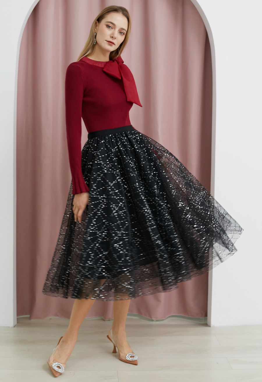 Sequined Embroidery Double-Layered Mesh Tulle Midi Skirt in Black