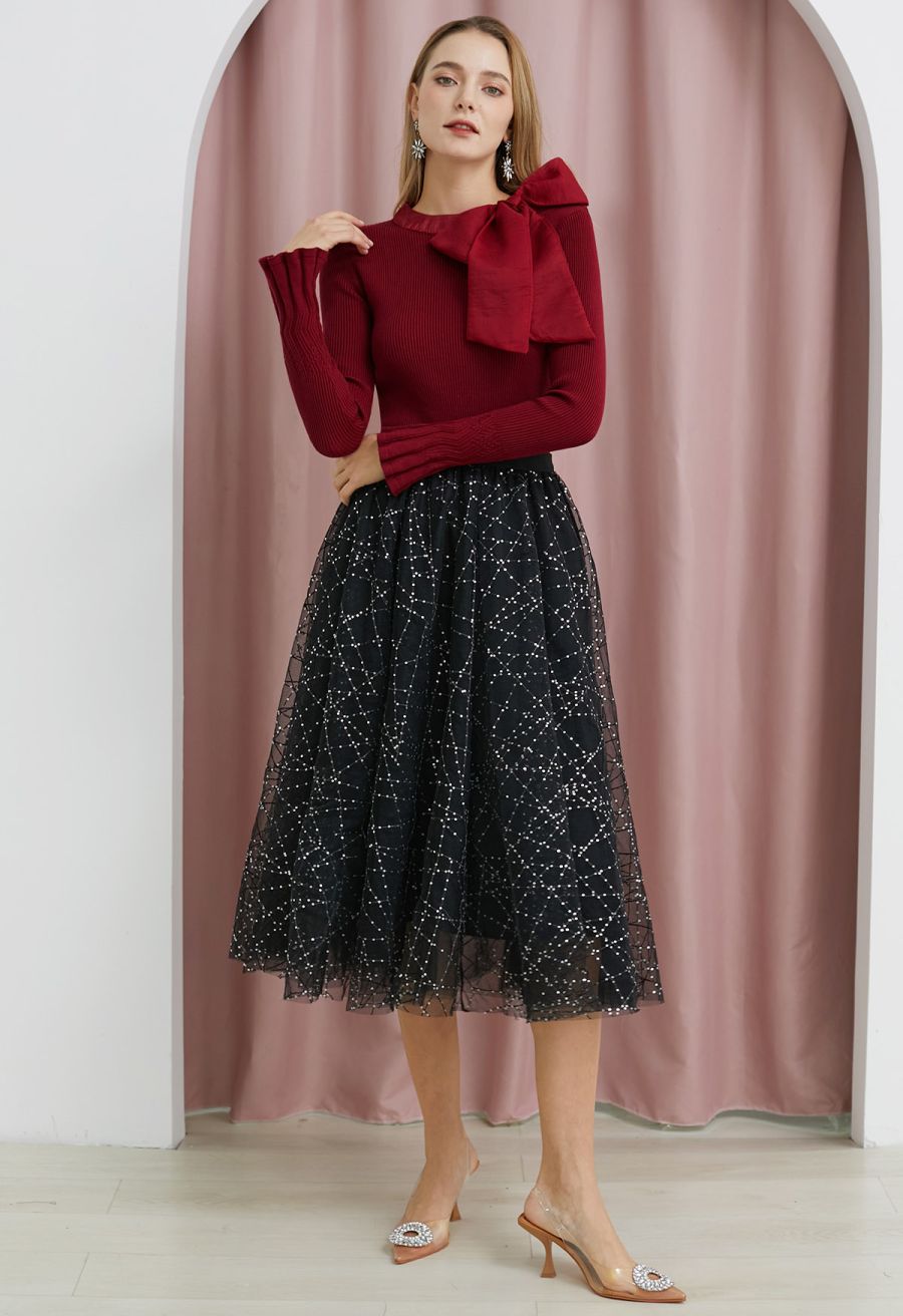 Sequined Embroidery Double-Layered Mesh Tulle Midi Skirt in Black