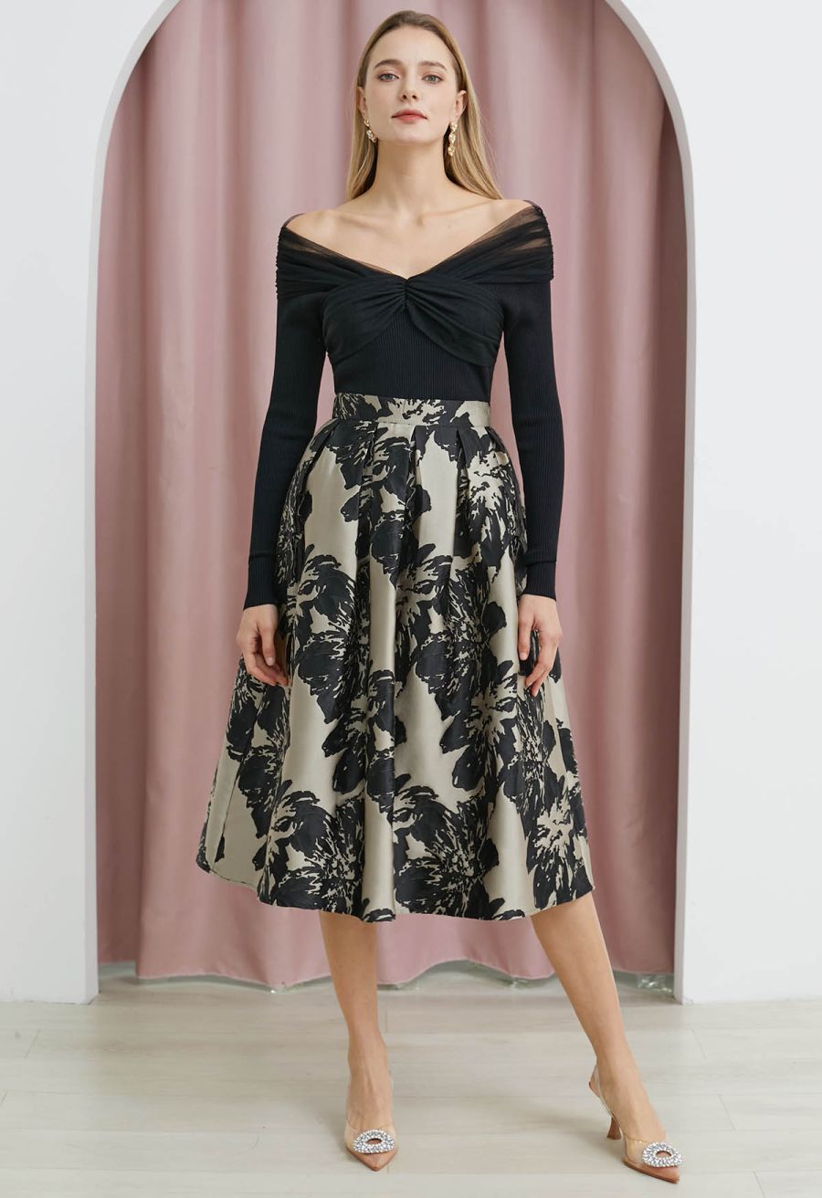 Off-Shoulder Mesh Spliced Knit Top in Black