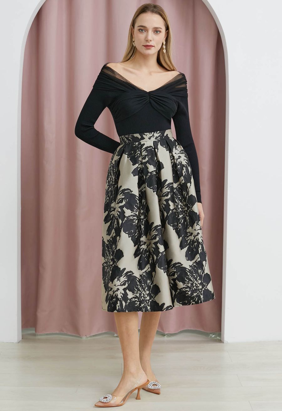 Striking Floral Jacquard Pleated Midi Skirt
