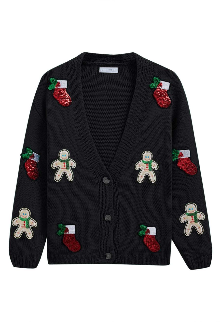 Sequined Gingerbread Man and Christmas Stocking Knit Cardigan in Black