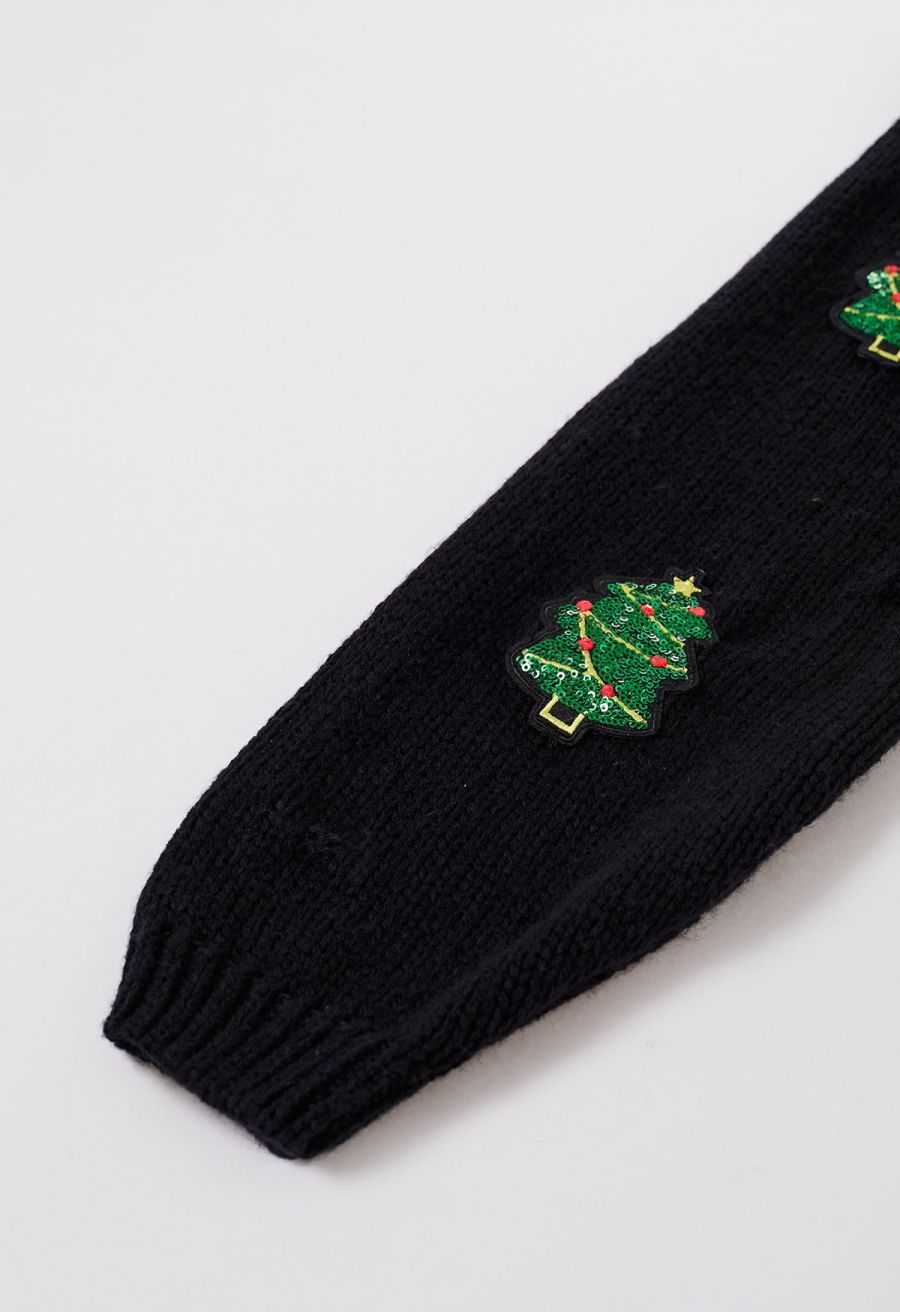 Sequin Christmas Tree Patch Button-Up Cardigan in Black
