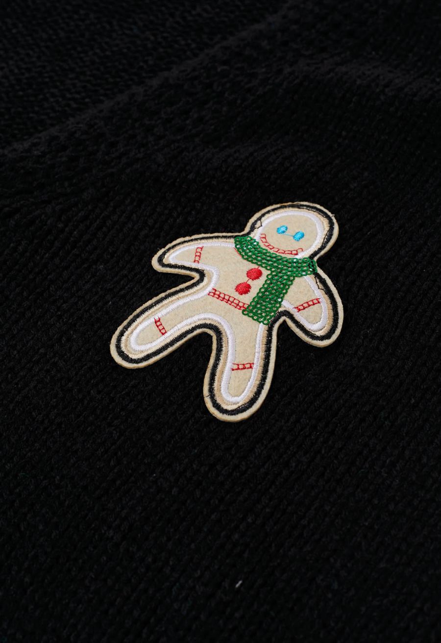 Sequined Gingerbread Man and Christmas Stocking Knit Cardigan in Black