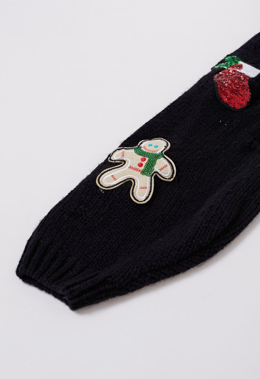 Sequined Gingerbread Man and Christmas Stocking Knit Cardigan in Black