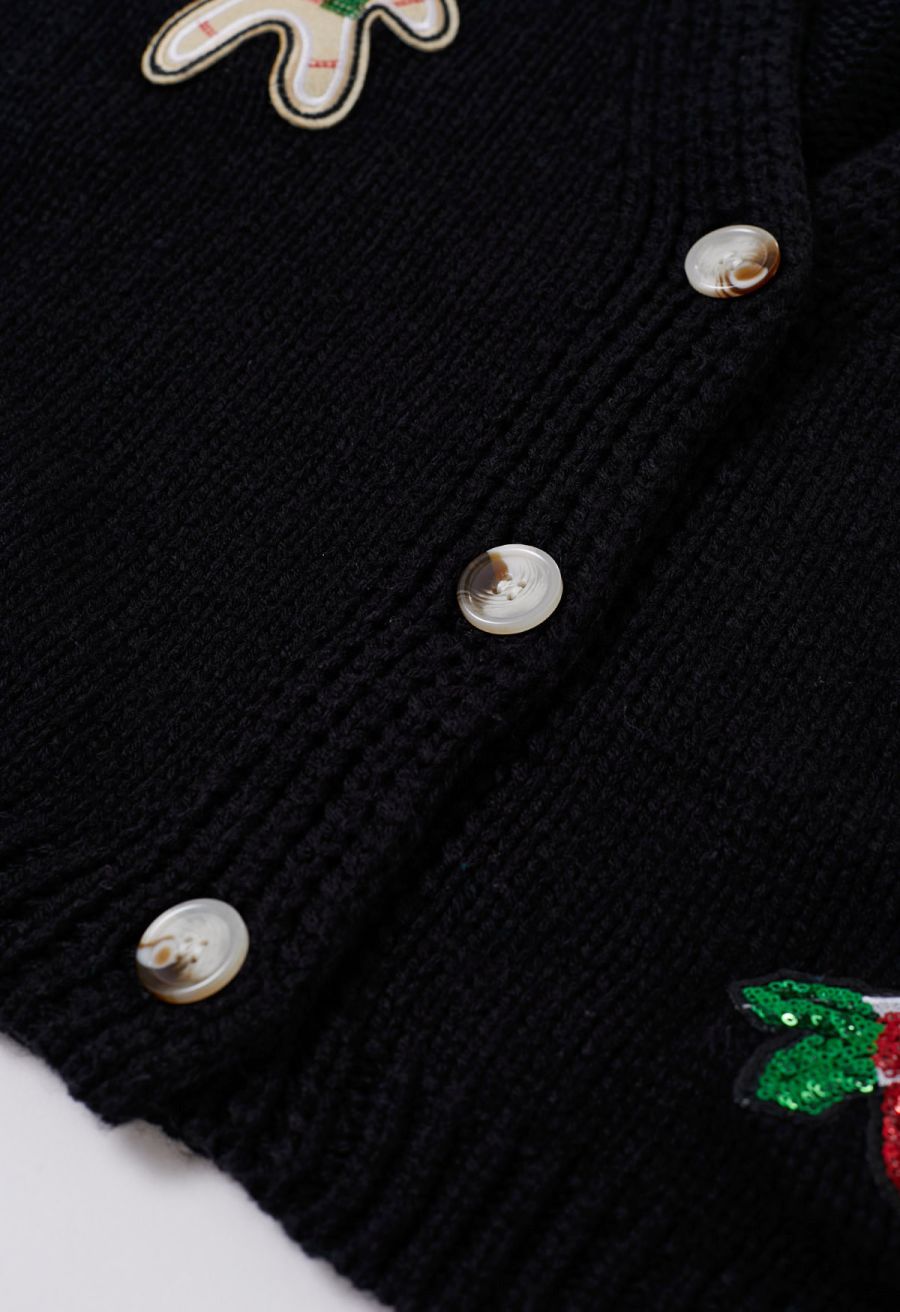 Sequined Gingerbread Man and Christmas Stocking Knit Cardigan in Black
