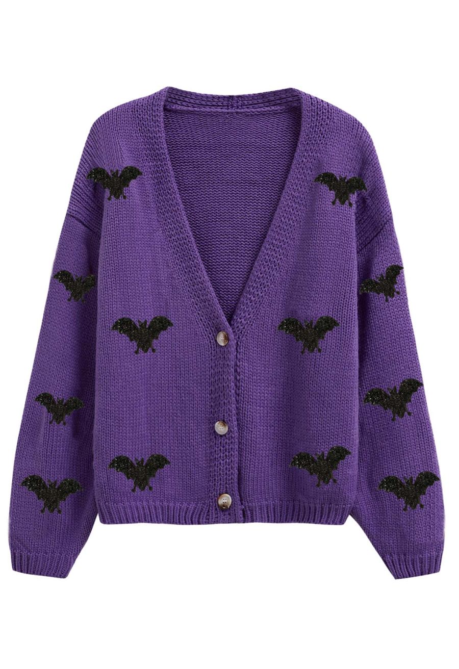 Mystic Bats Patch Buttoned Knit Cardigan in Purple Halloween Costumes