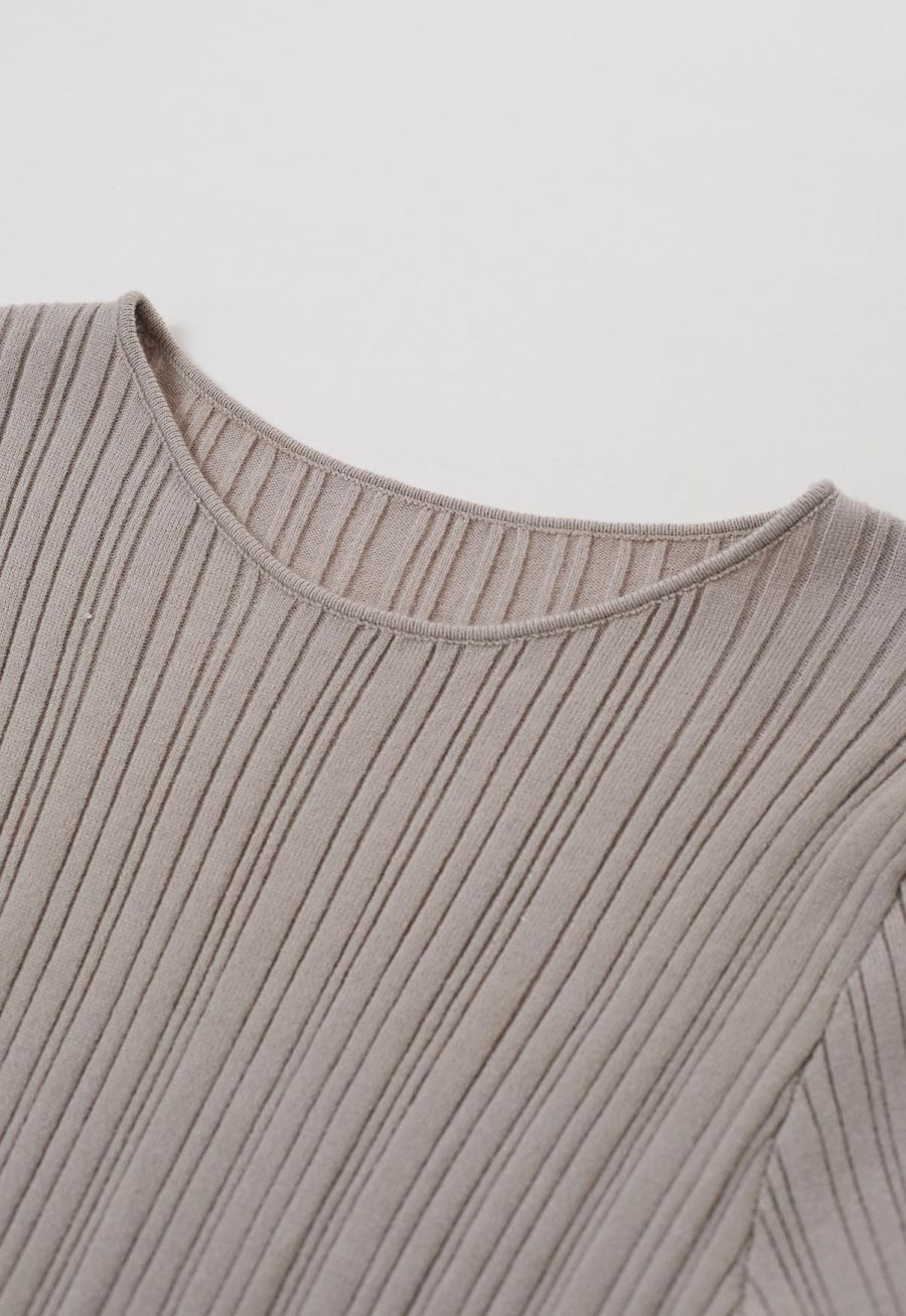 Stripe Texture Fitted Knit Maxi Dress in Oatmeal