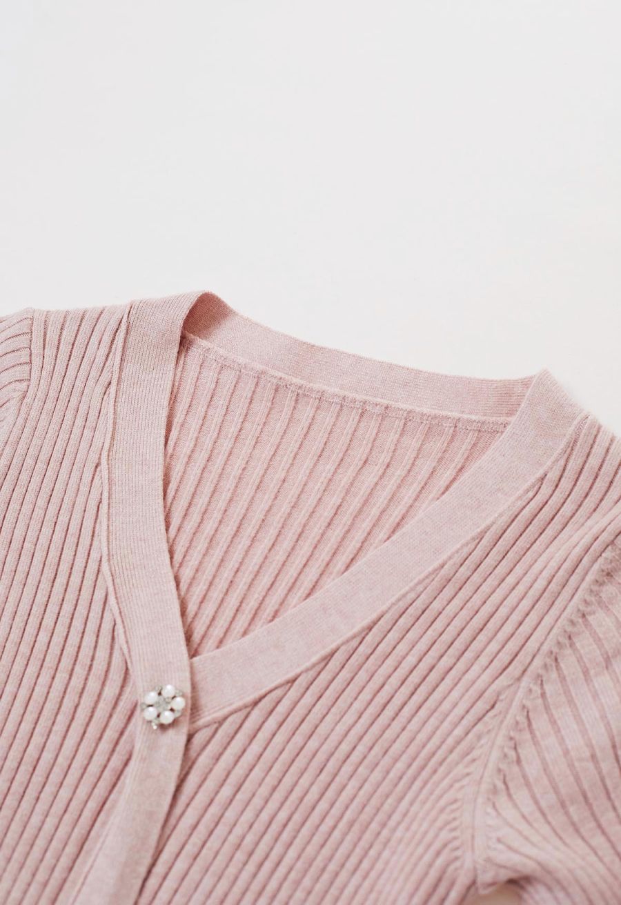 Button Front Ribbed Knit A-line Midi Dress in Pink
