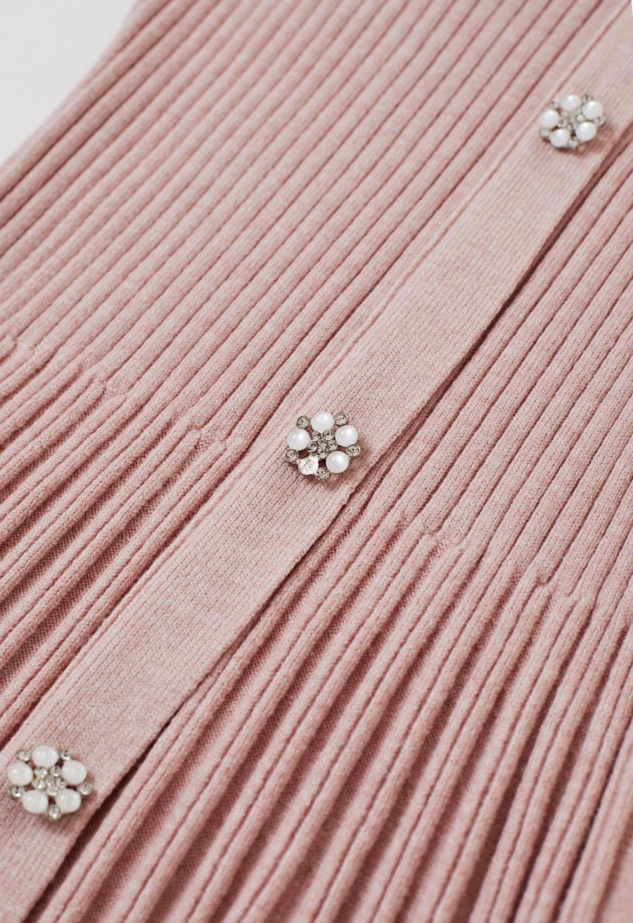 Button Front Ribbed Knit A-line Midi Dress in Pink