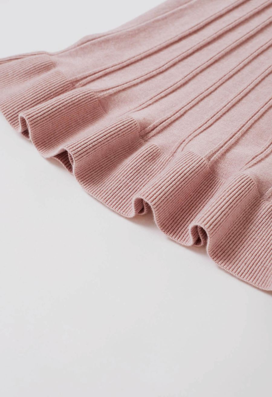Button Front Ribbed Knit A-line Midi Dress in Pink