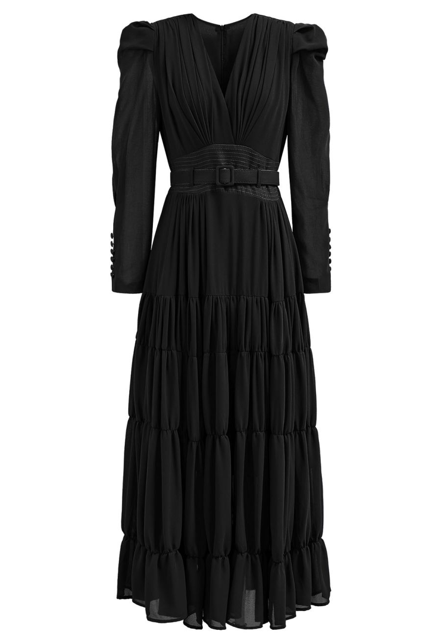 V-Neck Shirred Tiered Belted Chiffon Dress in Black