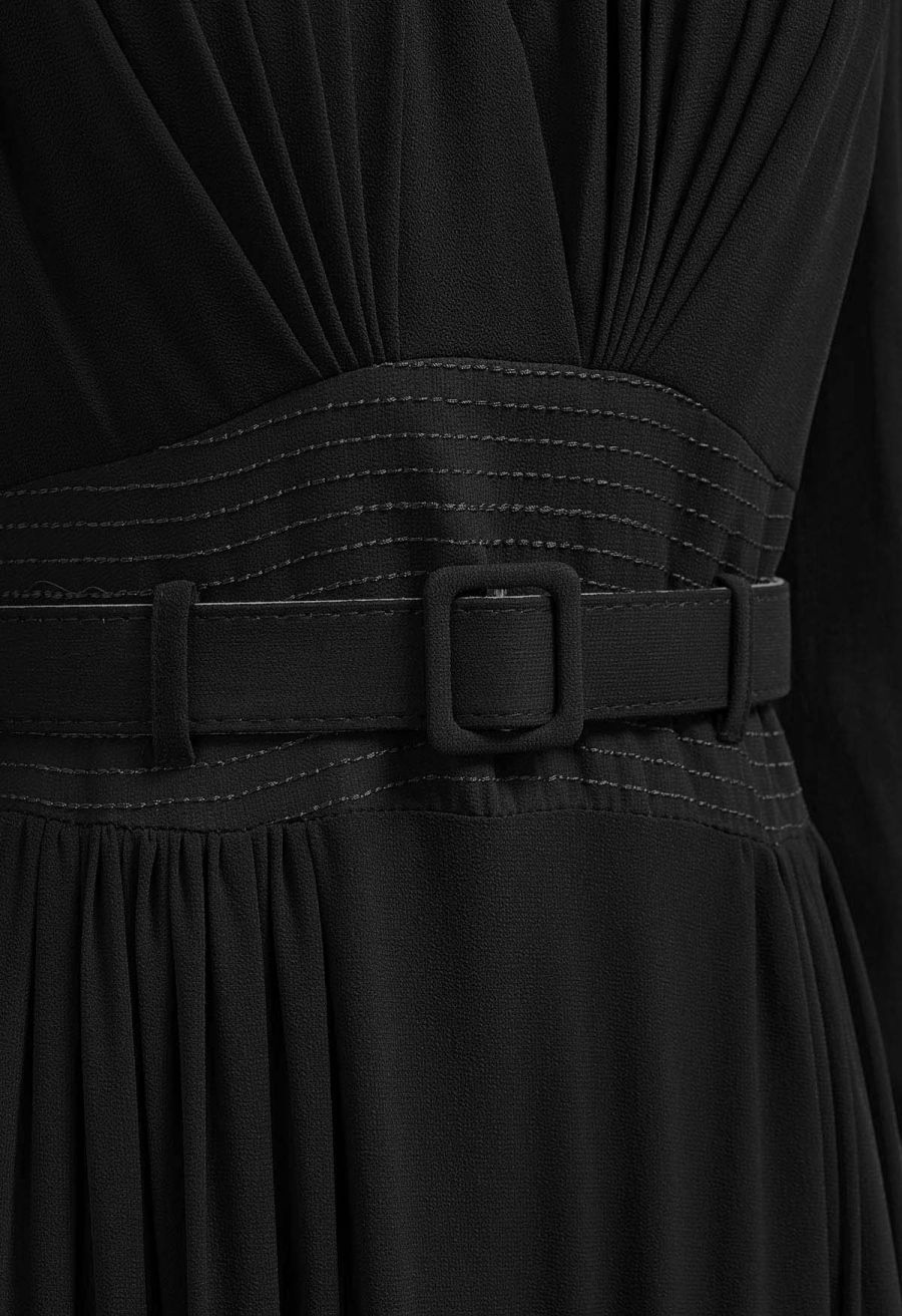 V-Neck Shirred Tiered Belted Chiffon Dress in Black