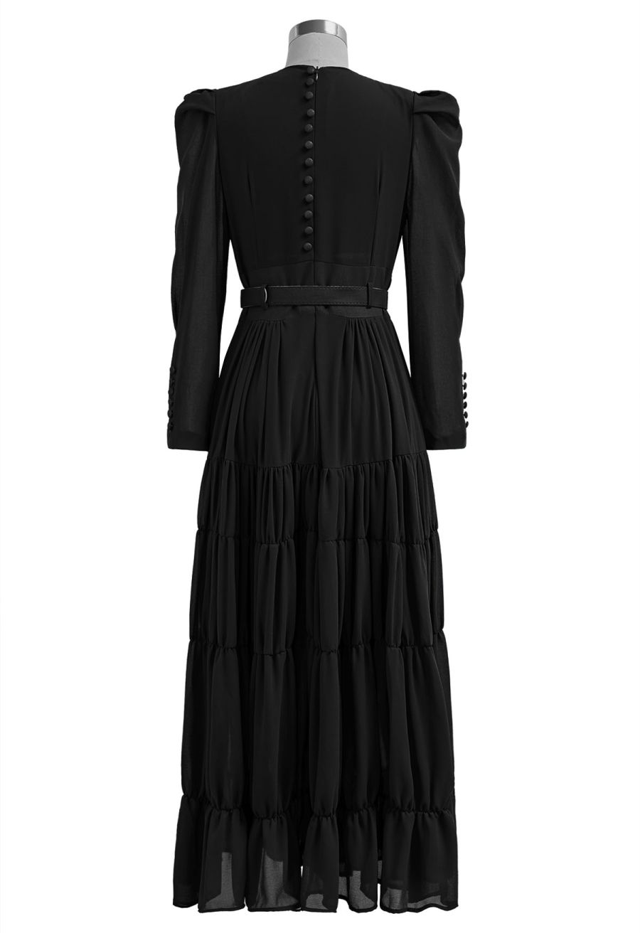 V-Neck Shirred Tiered Belted Chiffon Dress in Black