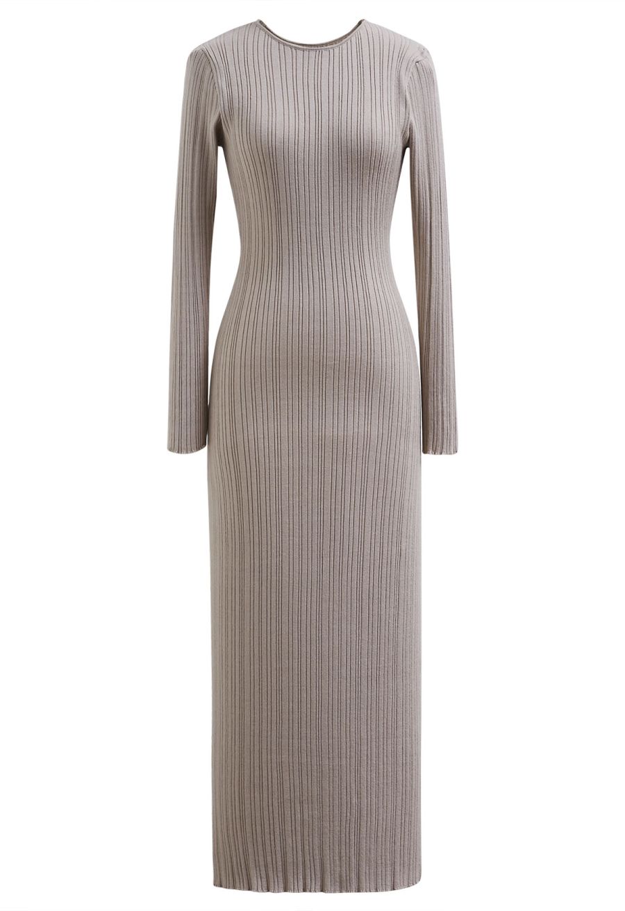Stripe Texture Fitted Knit Maxi Dress in Oatmeal