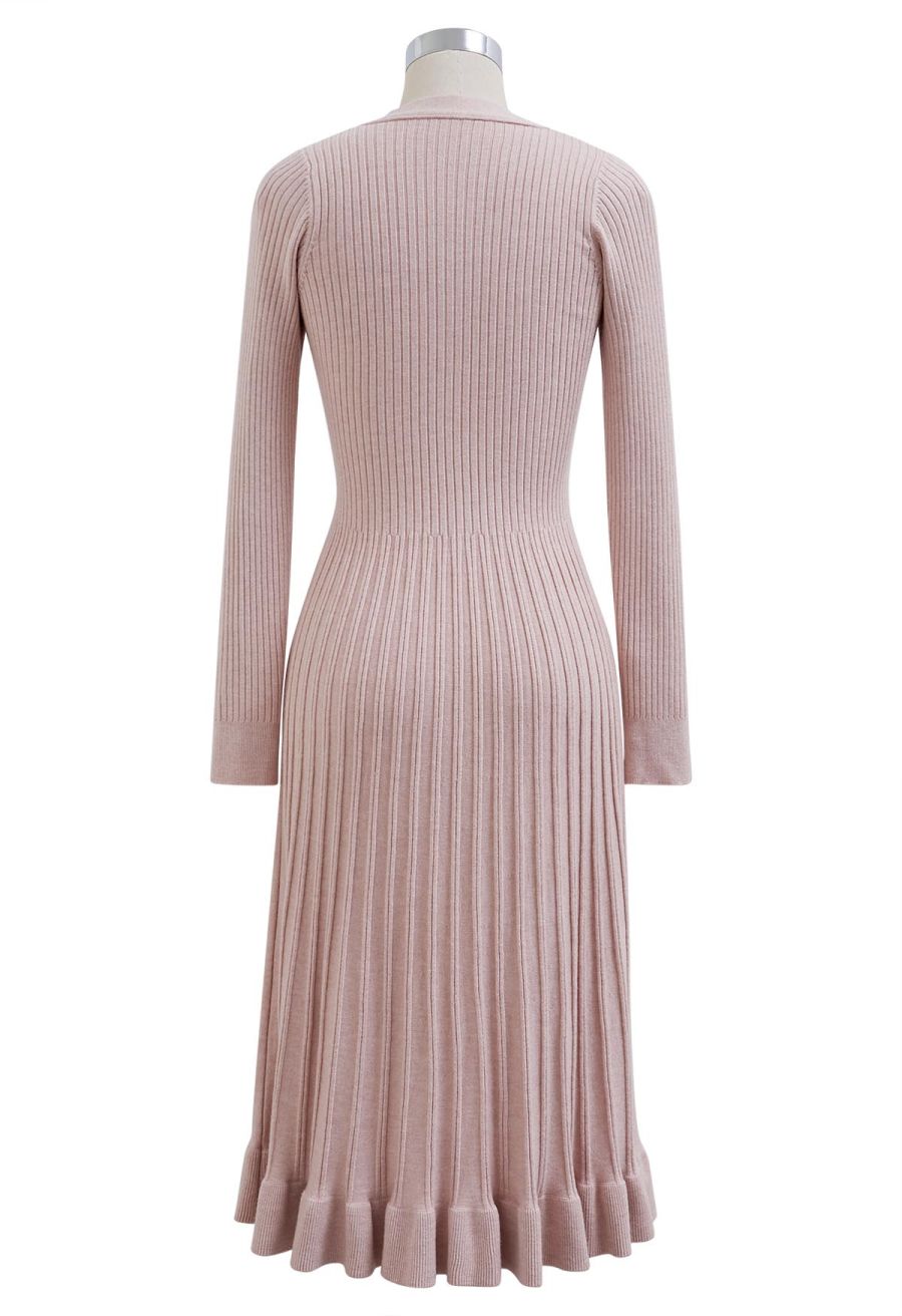 Button Front Ribbed Knit A-line Midi Dress in Pink