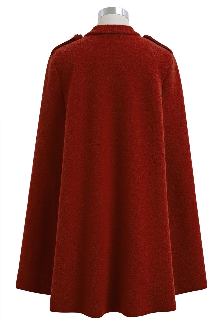 Golden Button Belted Cape Coat in Red