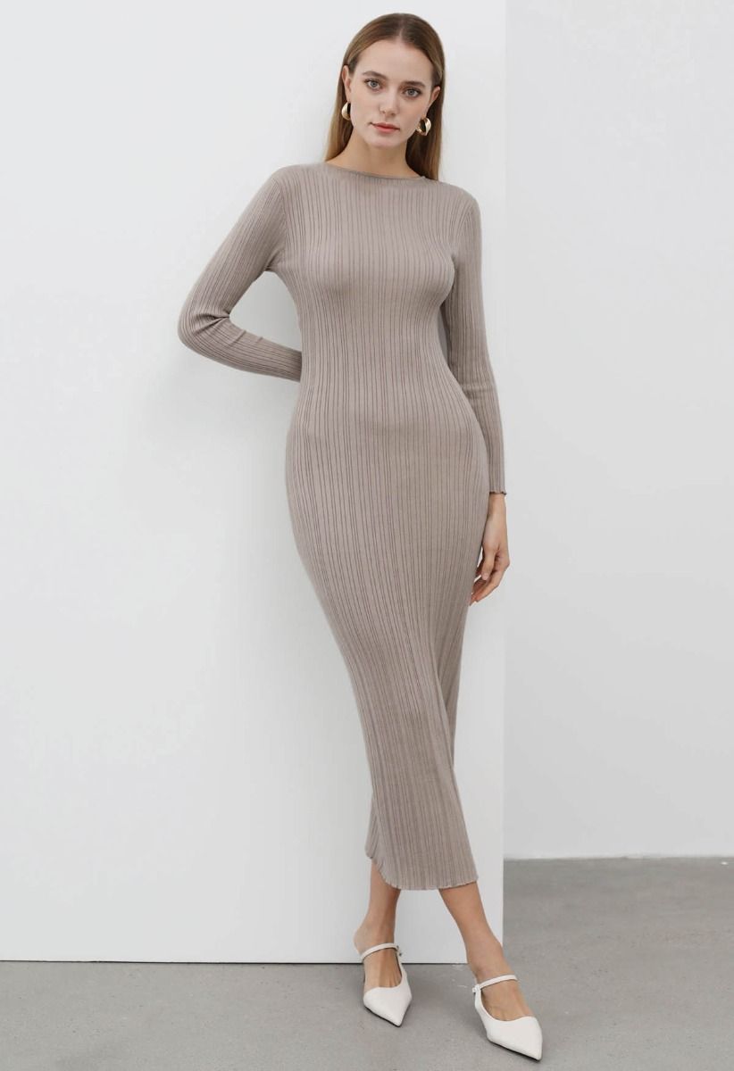 Stripe Texture Fitted Knit Maxi Dress in Oatmeal