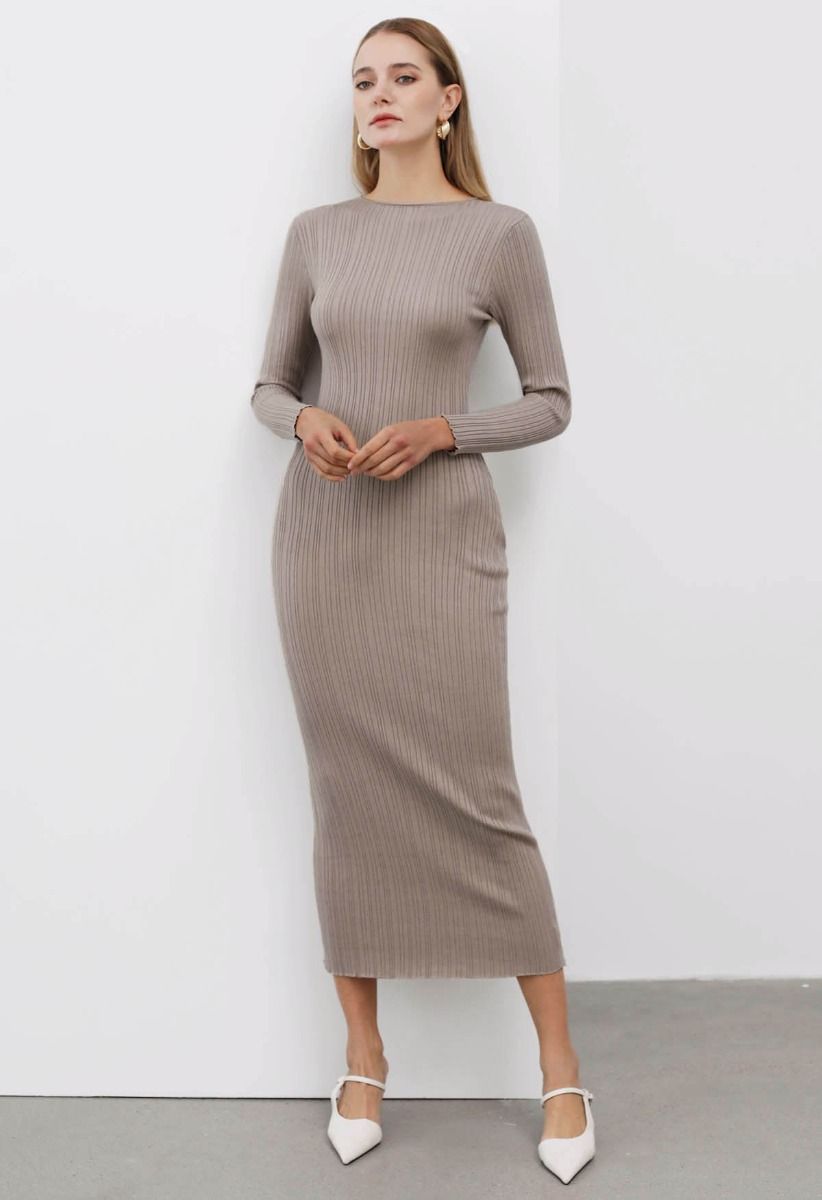 Stripe Texture Fitted Knit Maxi Dress in Oatmeal