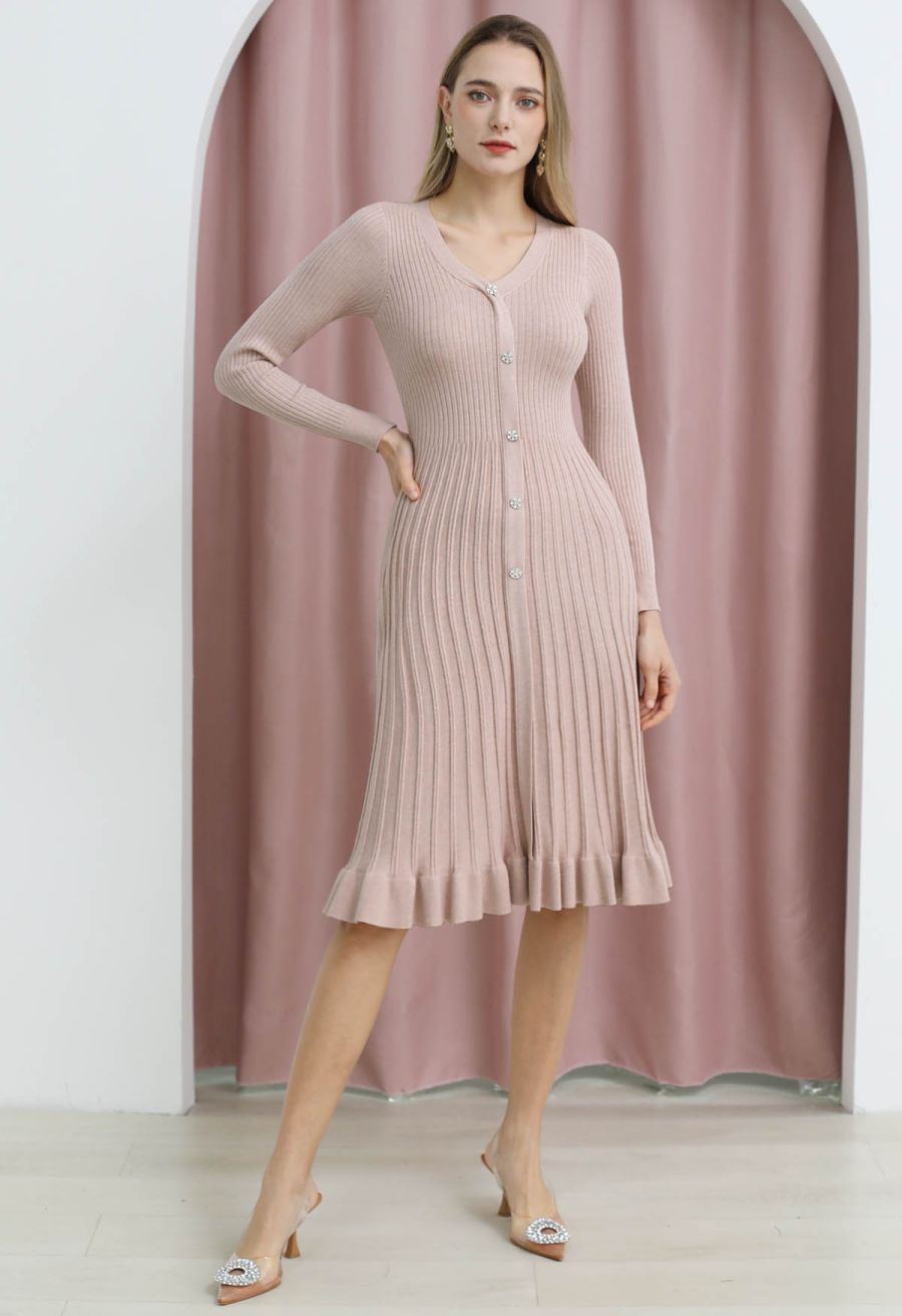 Button Front Ribbed Knit A-line Midi Dress in Pink
