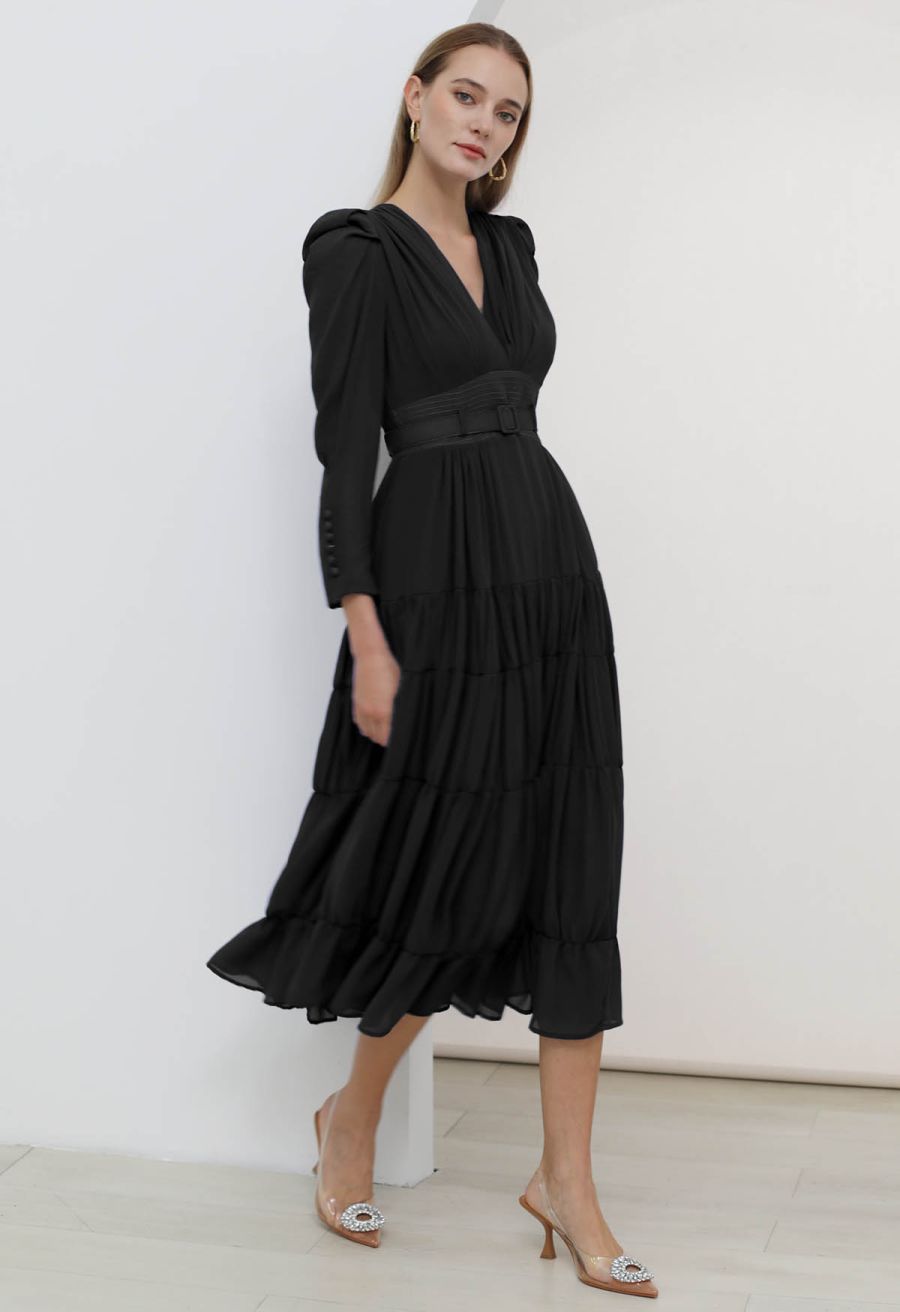 V-Neck Shirred Tiered Belted Chiffon Dress in Black